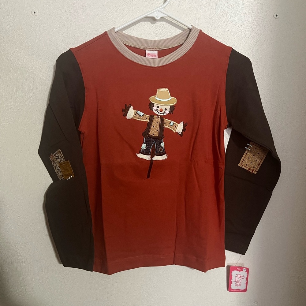RICRAC & RUFFLES Classic Embroidered Scarecrow Long Sleeve‎ T Shirt Girl's Sz 10